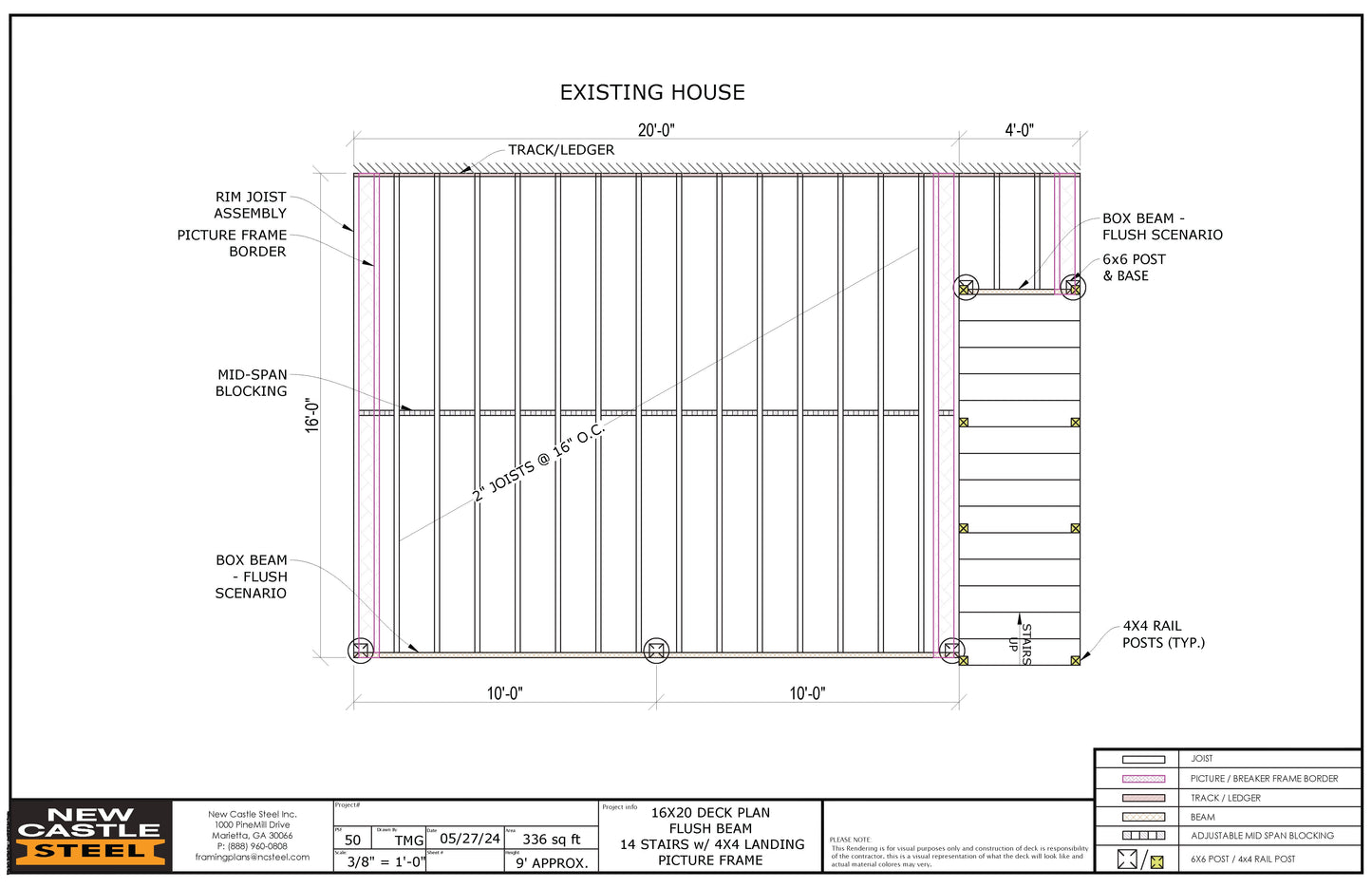 New Castle Steel Deck Framing Kit - 16x20 Deck, Flush Beam, Picture Frame, 14 Stairs with 4x4 Landing