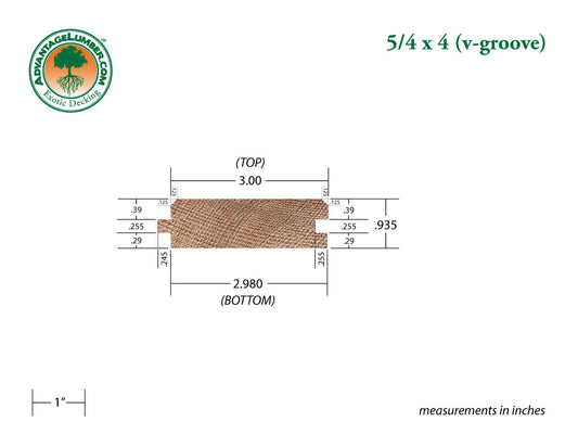 5/4x4 Western Red Cedar 45° V-Groove - Clear Vertical Grain (CVG) - S4S/KD