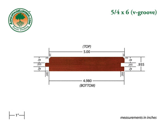 5/4 x 6 Brazilian Redwood (Massaranduba) Wood V-Groove