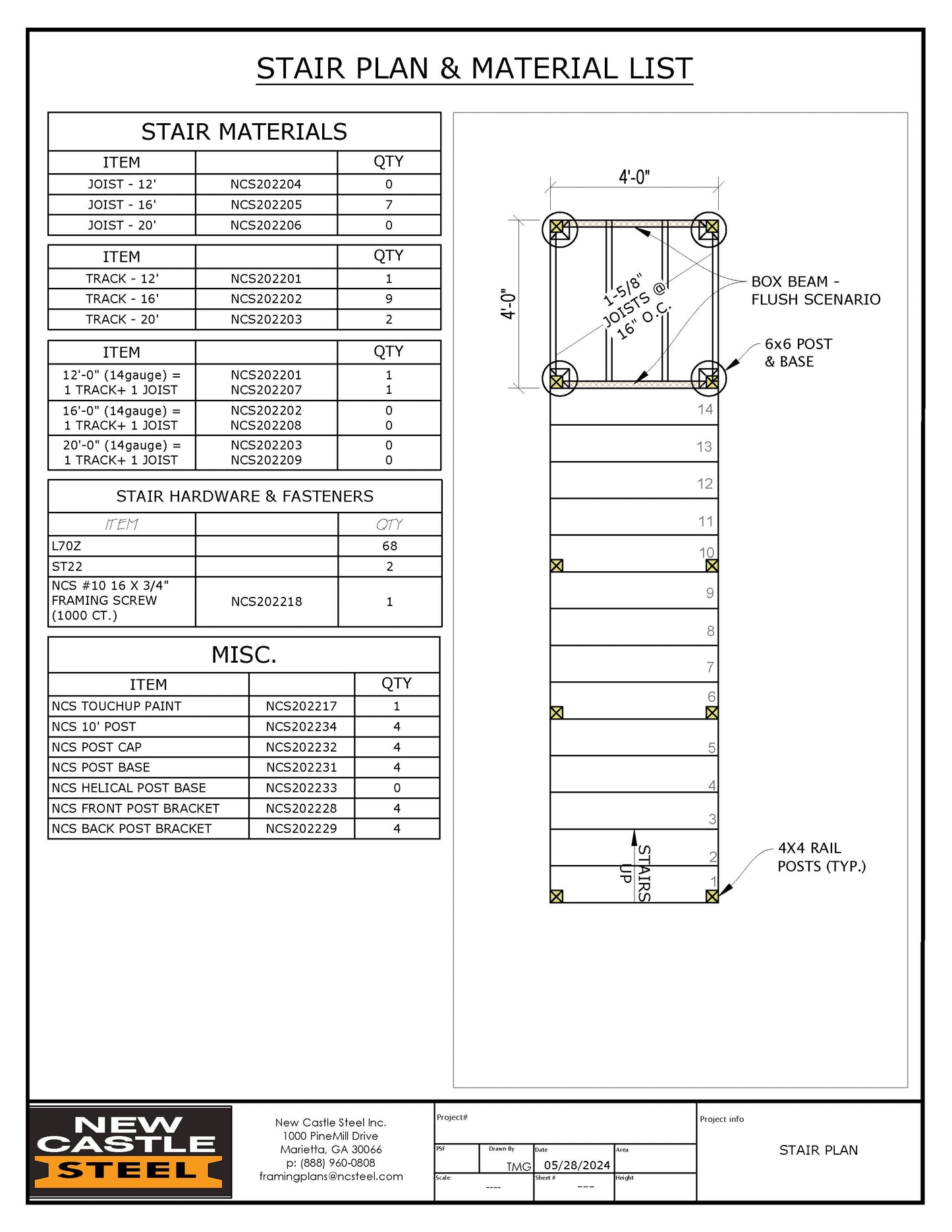 New Castle Steel Stair Framing Kit - 14 Stairs with 4x4 Landing