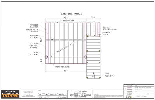 New Castle Steel Deck Framing Kit - 12x12 Deck, Dropped Beam, Picture Frame, 14 Stairs with 4x4 Landing