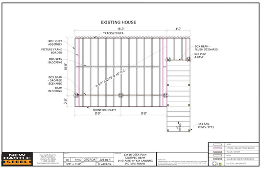 New Castle Steel Deck Framing Kit - 12x16 Deck, Dropped Beam, Picture Frame, 14 Stairs with 4x4 Landing