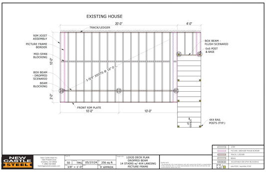 New Castle Steel Deck Framing Kit - 12x20 Deck, Dropped Beam, Picture Frame, 14 Stairs with 4x4 Landing