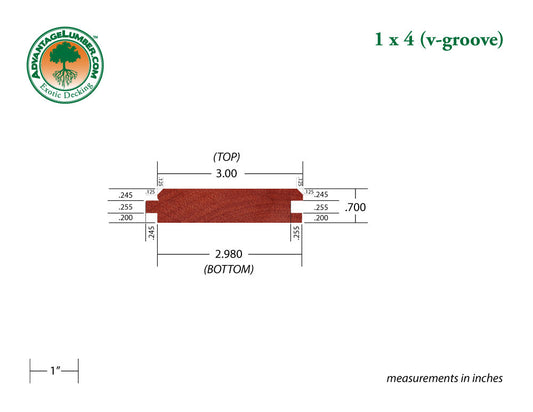 1 x 4 Brazilian Redwood (Massaranduba) Wood V-Groove