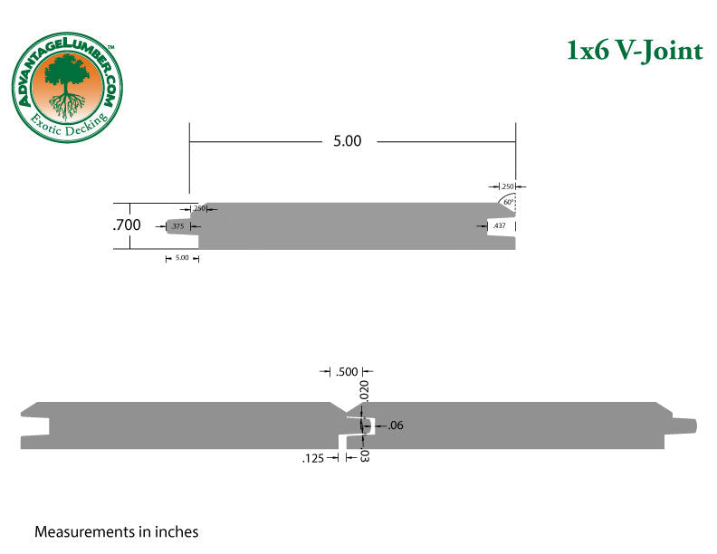 1x6 Western Red Cedar - Sel/Bet - 60° V-Joint T&G/KD