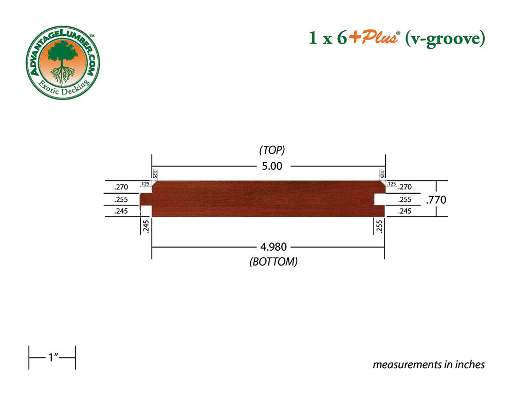 1 x 6 +Plus® Brazilian Redwood (Massaranduba) Wood V-Groove