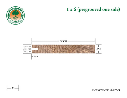 1x6 Western Red Cedar One-Sided Pre-Grooved - Appearance Grade - S1S2E/KD