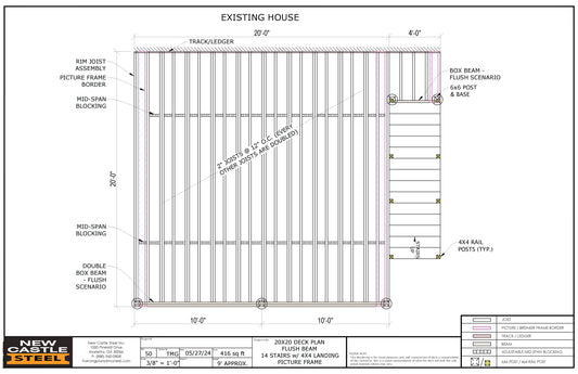 New Castle Steel Deck Framing Kit - 20x20 Deck, Flush Beam, Picture Frame, 14 Stairs with 4x4 Landing