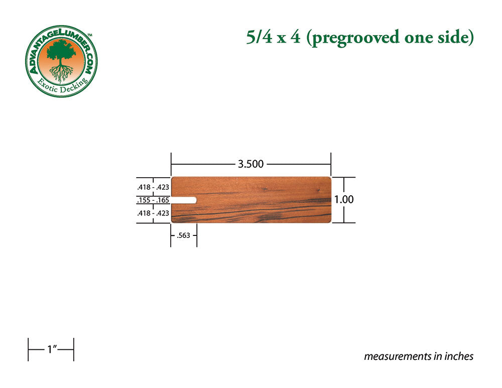 5/4 x 4 Tigerwood Wood One Sided Pre-Grooved Decking