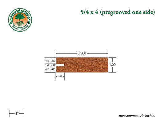 5/4 x 4 Cumaru Wood One Sided Pre-Grooved Decking