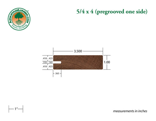 5/4 x 4 Mahogany (Red Balau) Wood One Sided Pre-Grooved Decking