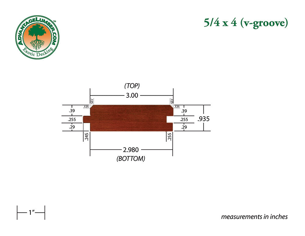 5/4 x 4 Brazilian Redwood (Massaranduba) Wood V-Groove