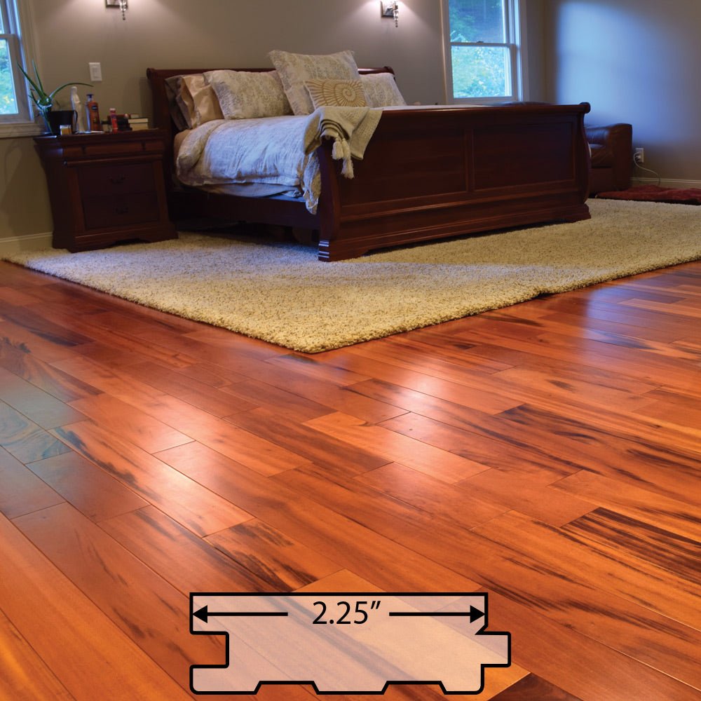 Tigerwood (Goncalo Alves, Muiracatiara, Brazilian Koa) Solid Flooring 0.75″ x 2.25″ Prefinished Satin, $5.18/sqft - Ipe Depot