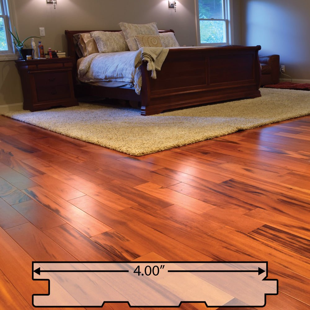 Tigerwood (Goncalo Alves, Muiracatiara, Brazilian Koa) Solid Flooring 0.75″ x 4″ Prefinished Satin, $6.57/sqft - Ipe Depot