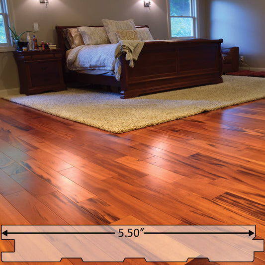 Tigerwood (Goncalo Alves, Muiracatiara, Brazilian Koa) Solid Flooring 5.5″ Prefinished Satin, $7.97/sqft