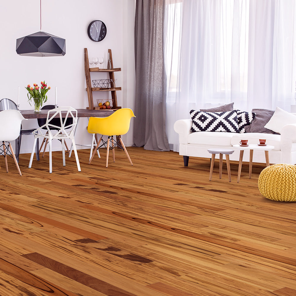 Tigerwood (Goncalo Alves, Muiracatiara, Brazilian Koa) Engineered Flooring 5″ Prefinished Satin, $5.97/sqft