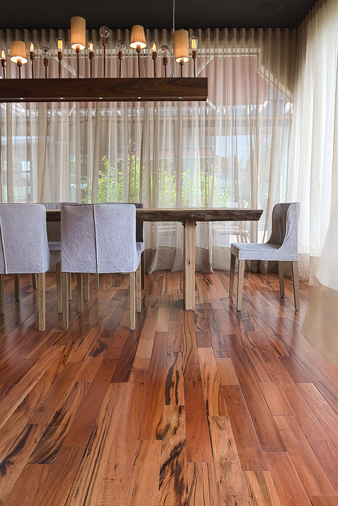 Tigerwood (Goncalo Alves, Muiracatiara, Brazilian Koa) Solid Flooring 5.5″ Prefinished Satin, $10.99/sqft