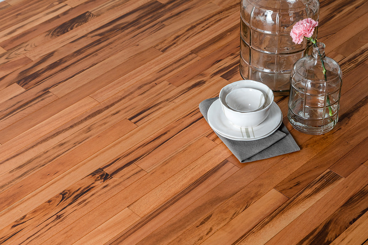 Tigerwood (Goncalo Alves, Muiracatiara, Brazilian Koa) Engineered Flooring 5″ Prefinished Satin, $5.97/sqft