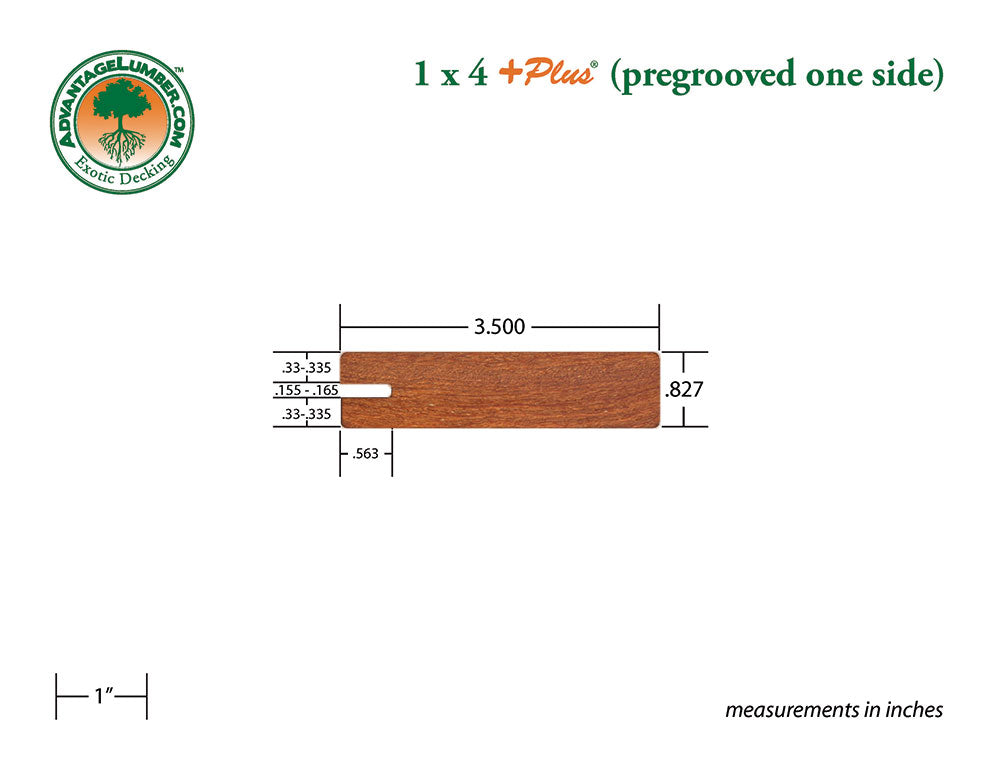1 x 4 +Plus® Cumaru Wood One Sided Pregrooved Decking (21mm x 4)