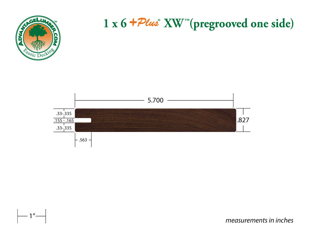1 x 6 +Plus® XW™ Ipe Wood One-Sided Pregrooved Decking (21mm x 145mm)