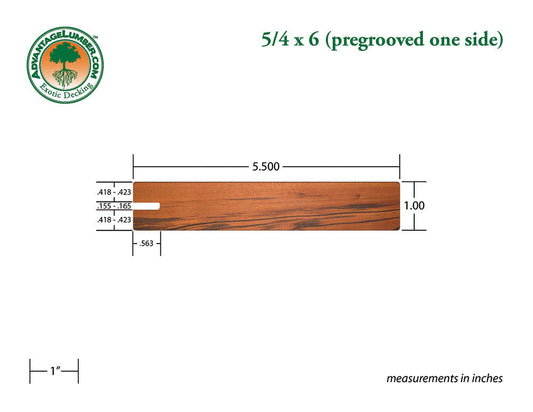 5/4 x 6 Tigerwood Wood One Sided Pre-Grooved Decking